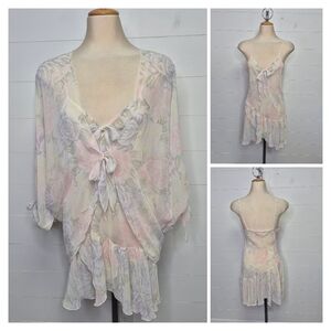Vintage Sheer Floral Printed Slip Dress Set Size M